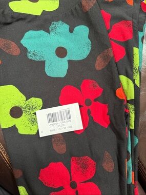 Lularoe Floral Print Leggings - Black with Red, Teal & Lime Flowers